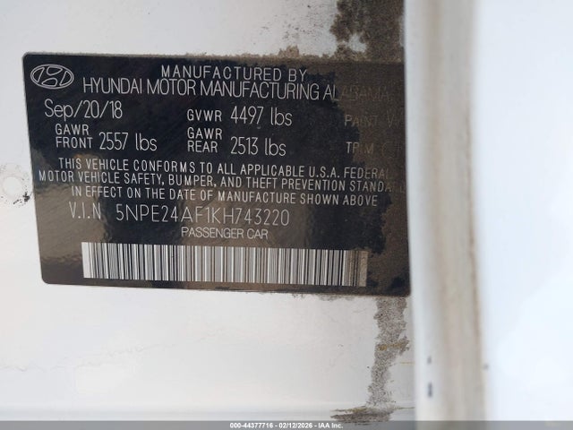 44377716 :رقم المزاد ، 5NPE24AF1KH743220 vin ، 2019 Hyundai Sonata Se مزاد بيع