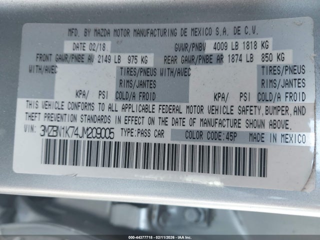 3MZBN1K74JM209005 Mazda Mazda3 Sport