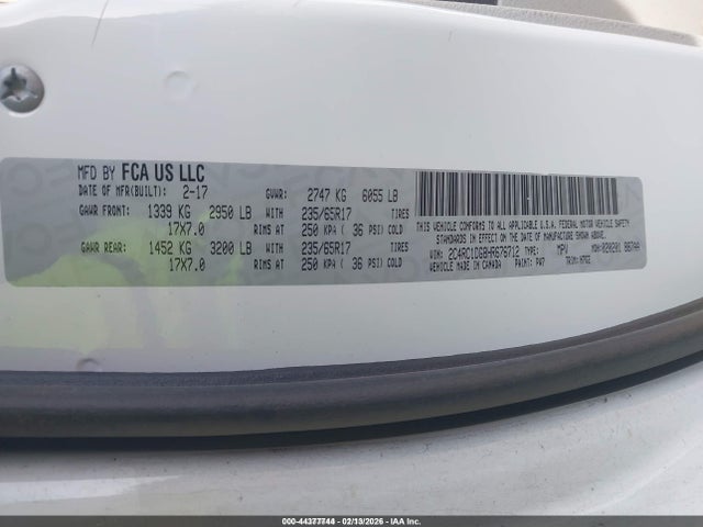 44377744 :رقم المزاد ، 2C4RC1DG8HR676712 vin ، 2017 Chrysler Pacifica Touring مزاد بيع