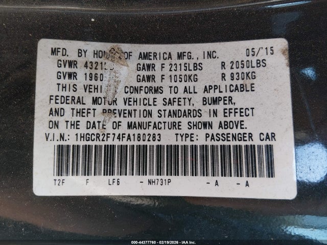 Honda ACCORD EX 2015 1HGCR2F74FA180283 Image 9