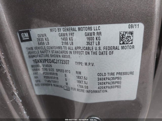 44377787 :رقم المزاد ، 1GKKVPED4CJ172307 vin ، 2012 Gmc Acadia Sle مزاد بيع