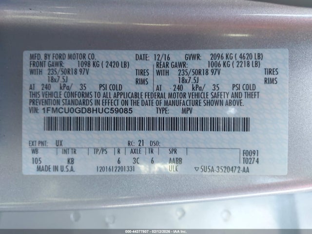 1FMCU0GD8HUC59085 Ford ESCAPE SE
