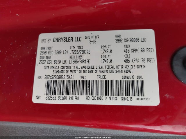 Продажа на аукционе авто 2008 Dodge Ram 2500 Laramie, vin: 3D7KS28D88G215421, номер лота: 44377858