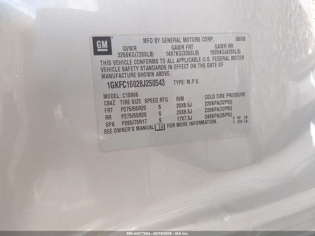 Aukcja sprzedaży 2008 Gmc Yukon Xl 1500 Sle, vin: 1GKFC16028J250543, numer aukcji: 44377864