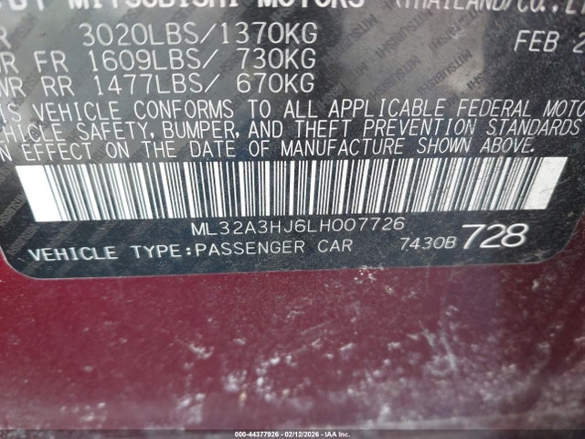 Продаж на аукціоні авто 2020 Mitsubishi Mirage Es, vin: ML32A3HJ6LH007726, номер лоту: 44377926