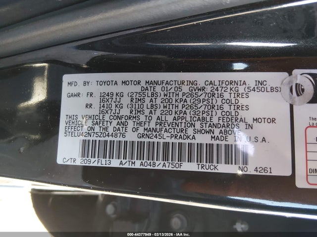 Продаж на аукціоні авто 2005 Toyota Tacoma Base V6, vin: 5TELU42N75Z044876, номер лоту: 44377949