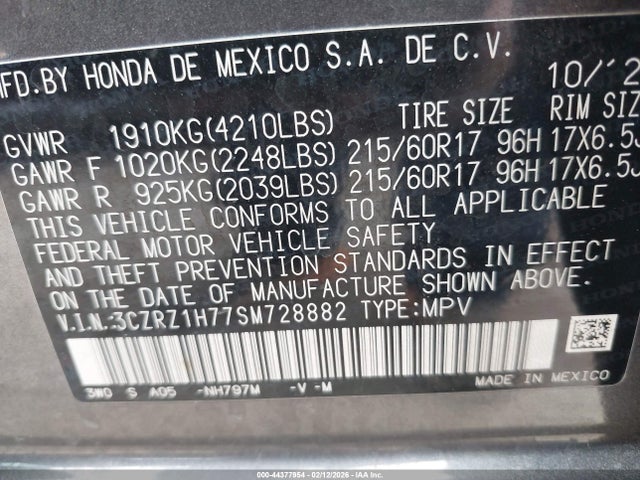 3CZRZ1H77SM728882 Honda Hr-v 2wd Ex-l