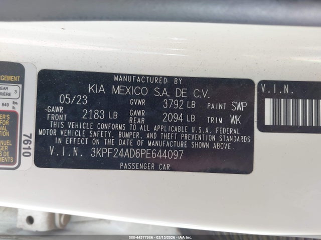 Продажа на аукционе авто 2023 Kia Forte Lxs, vin: 3KPF24AD6PE644097, номер лота: 44377986