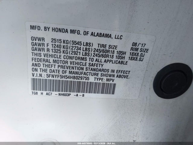 5FNYF5H54HB029755 Honda Pilot Ex-l