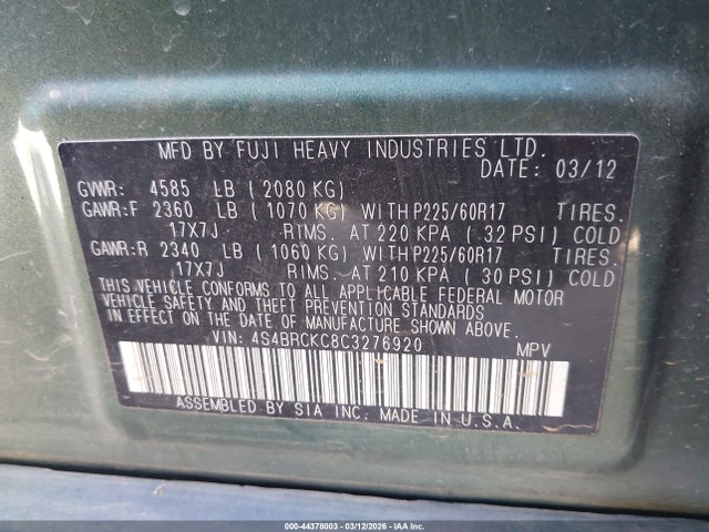 Aukcja sprzedaży 2012 Subaru Outback 2.5i Limited, vin: 4S4BRCKC8C3276920, numer aukcji: 44378003