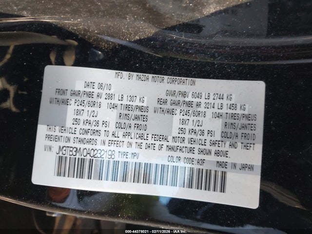44378021 :رقم المزاد ، JM3TB3MV0A0232198 vin ، 2010 Mazda Cx-9 Touring مزاد بيع