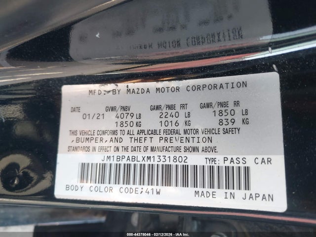 Aukcja sprzedaży 2021 Mazda Mazda3 Select, vin: JM1BPABLXM1331802, numer aukcji: 44378046