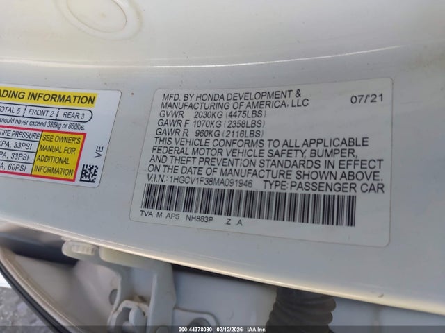 2021 HONDA ACCORD 1HGCV1F38MA091946 Photo 8