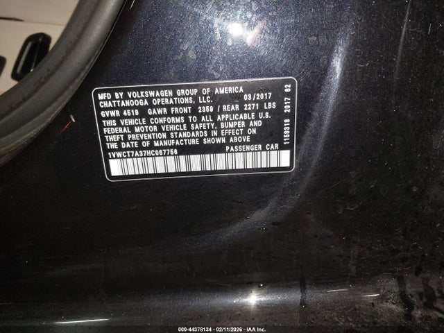 Продаж на аукціоні авто 2017 Volkswagen Passat 1.8t Sel Premium, vin: 1VWCT7A37HC067756, номер лоту: 44378134