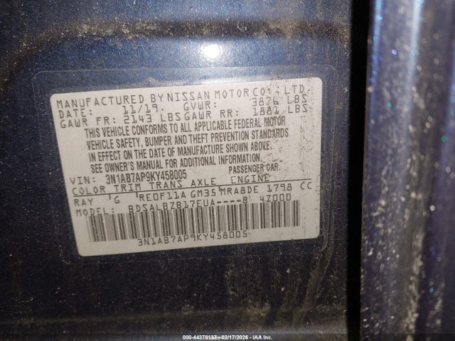 Aukcja sprzedaży 2019 Nissan Sentra S, vin: 3N1AB7AP9KY458005, numer aukcji: 44378137