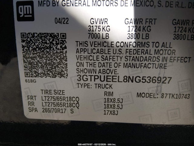3GTPUEEL8NG536927 GMC Sierra 1500 4wd Standard Box At4