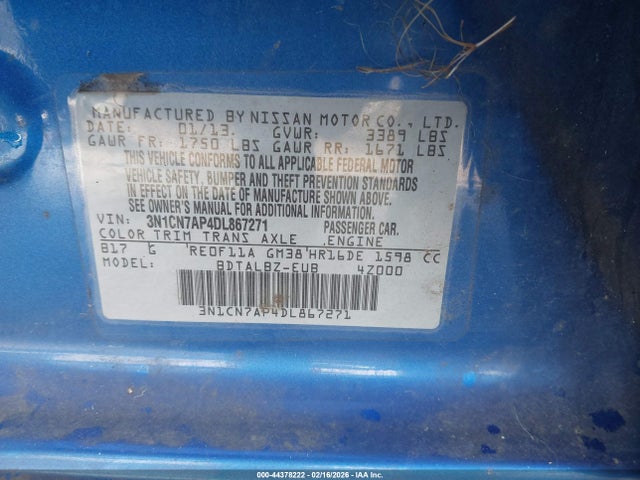 44378222 :رقم المزاد ، 3N1CN7AP4DL867271 vin ، 2013 Nissan Versa 1.6 Sv مزاد بيع