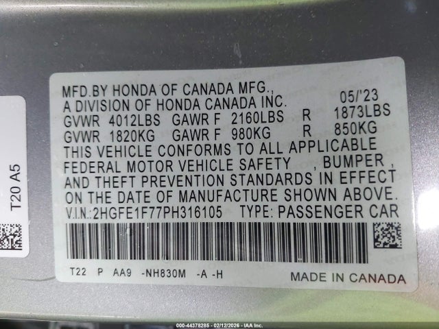 Honda Civic Ex/ex W/o Bsi 2023 2HGFE1F77PH316105 Image 9