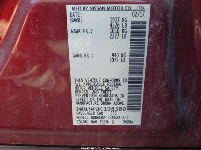 44378287 :رقم المزاد ، 1N4AL3AP2HC198380 vin ، 2017 Nissan Altima 2.5 Sl مزاد بيع