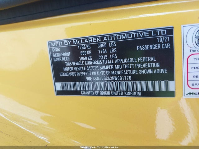 Продаж на аукціоні авто 2022 Mclaren Gt Coupe, vin: SBM22GCA3NW001770, номер лоту: 44378344