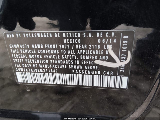 Продажа на аукционе авто 2014 Volkswagen Jetta 2.0l S, vin: 3VW2K7AJ8EM311647, номер лота: 44378349