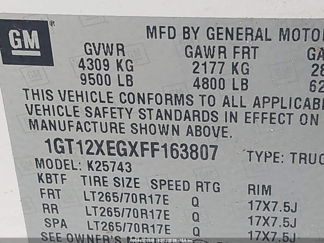 44378355 :رقم المزاد ، 1GT12XEGXFF163807 vin ، 2015 Gmc Sierra 2500hd مزاد بيع