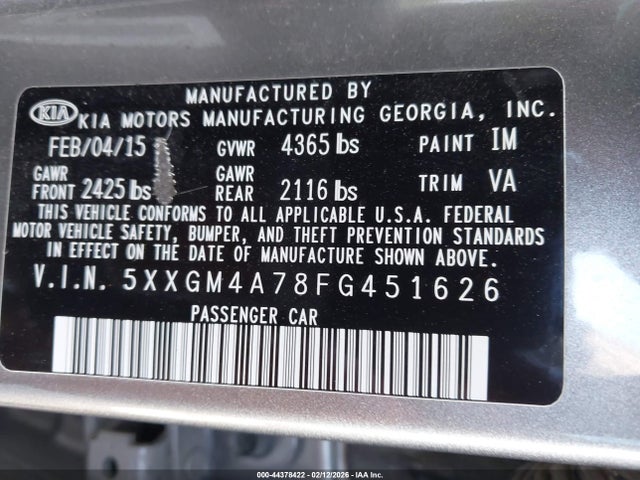 5XXGM4A78FG451626 KIA Optima Lx