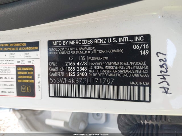 44378486 :رقم المزاد ، 55SWF4KB7GU171787 vin ، 2016 Mercedes-benz C 300 4matic مزاد بيع