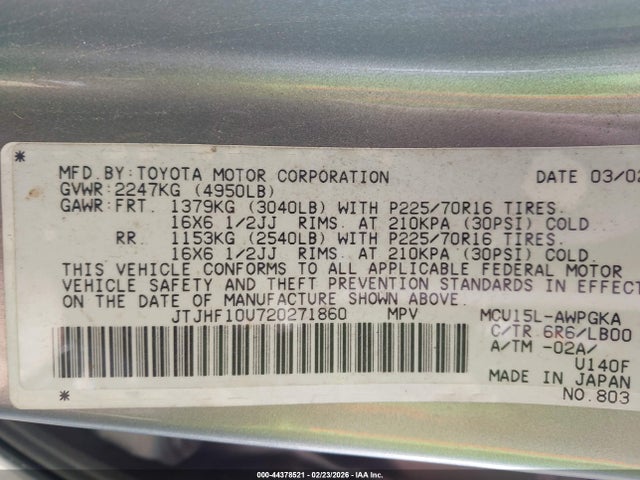 Aukcja sprzedaży 2002 Lexus Rx 300, vin: JTJHF10U720271860, numer aukcji: 44378521