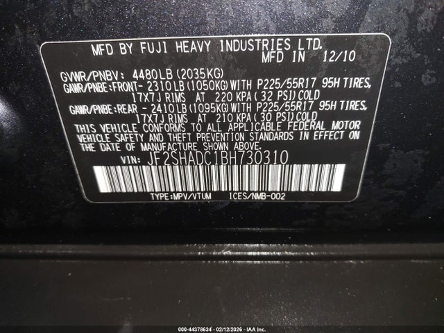 Aukcja sprzedaży 2011 Subaru Forester 2.5x Premium, vin: JF2SHADC1BH730310, numer aukcji: 44378634