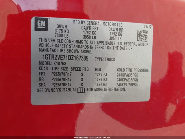 44378663 :رقم المزاد ، 1GTR2VE71DZ167389 vin ، 2013 Gmc Sierra 1500 Sle مزاد بيع