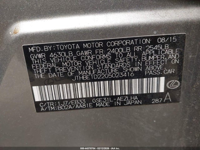 44378704 :رقم المزاد ، JTHBE1D22G5023416 vin ، 2016 Lexus Is 350 مزاد بيع