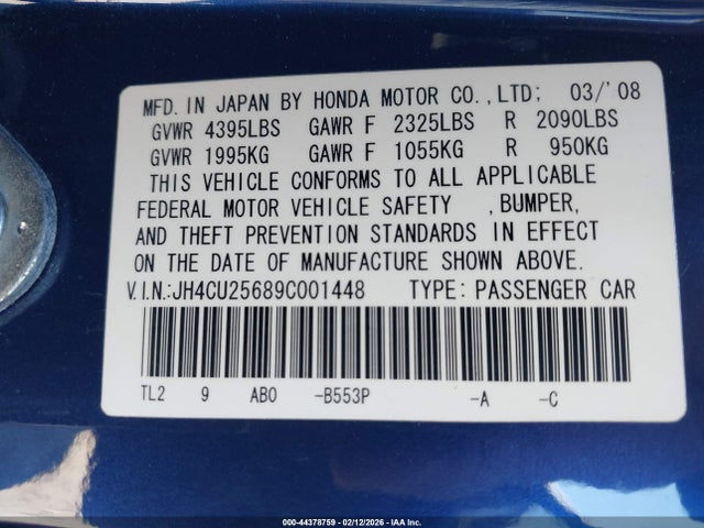 44378759 :رقم المزاد ، JH4CU25689C001448 vin ، 2009 Acura Tsx مزاد بيع