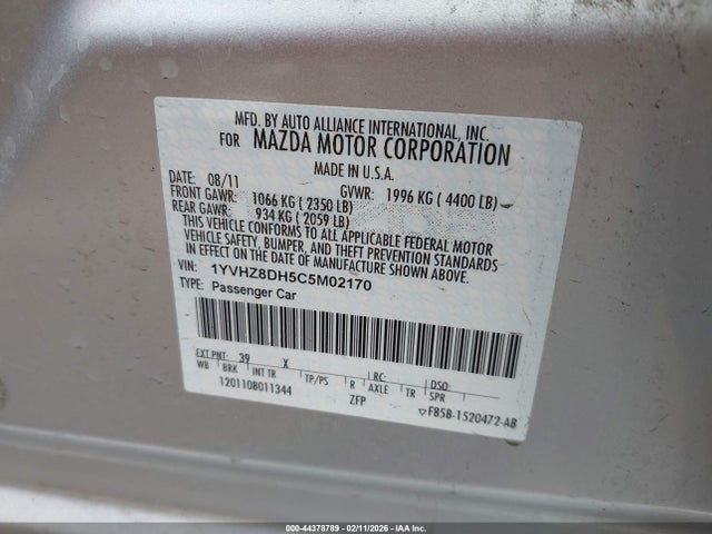 Aukcja sprzedaży 2012 Mazda Mazda6, vin: 1YVHZ8DH5C5M02170, numer aukcji: 44378789