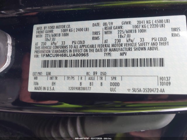 2020 Ford Escape Sel მანქანა იყიდება აუქციონზე, vin: 1FMCU9H68LUA00965, აუქციონის ნომერი: 44378797