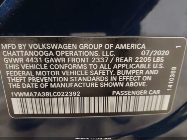 44378802 :رقم المزاد ، 1VWMA7A38LC022392 vin ، 2020 Volkswagen Passat 2.0t R-line مزاد بيع
