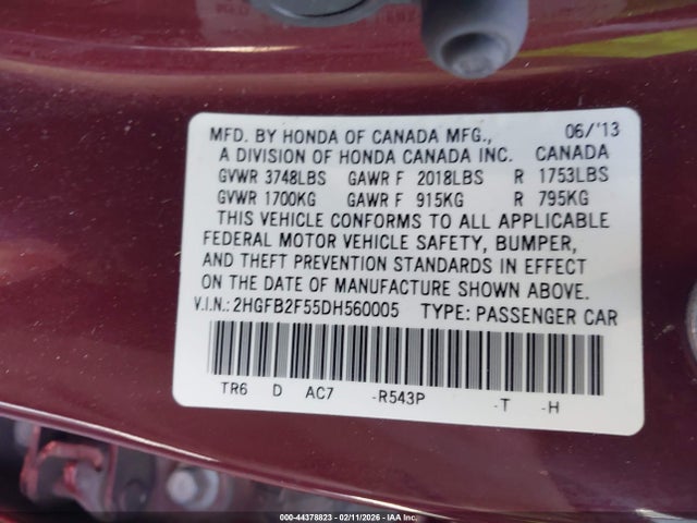 44378823 :رقم المزاد ، 2HGFB2F55DH560005 vin ، 2013 Honda Civic Lx مزاد بيع