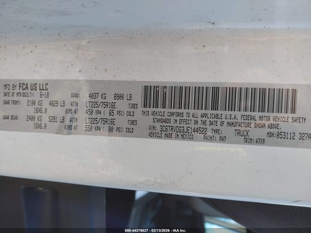 Продаж на аукціоні авто 2018 Ram Promaster 2500 High Roof 159 Wb, vin: 3C6TRVDG3JE144522, номер лоту: 44378827