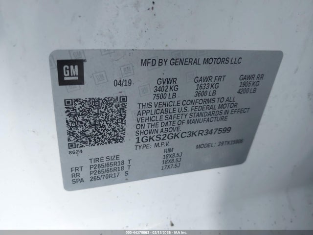 Aukcja sprzedaży 2019 Gmc Yukon Xl Slt, vin: 1GKS2GKC3KR347599, numer aukcji: 44378863