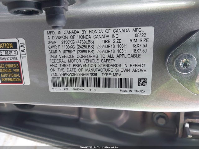 2022 Honda Cr-v Awd Ex-l მანქანა იყიდება აუქციონზე, vin: 2HKRW2H82NH667836, აუქციონის ნომერი: 44378915