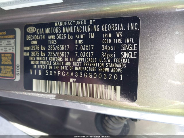 5XYPG4A33GG003201 KIA Sorento 2.4l Lx