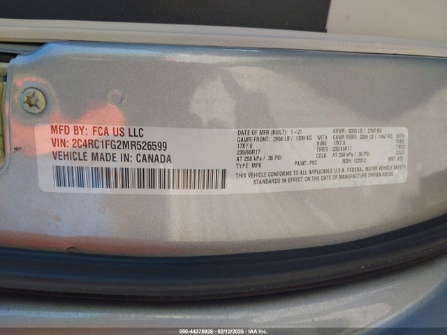 2021 Chrysler Pacifica Touring მანქანა იყიდება აუქციონზე, vin: 2C4RC1FG2MR526599, აუქციონის ნომერი: 44378938