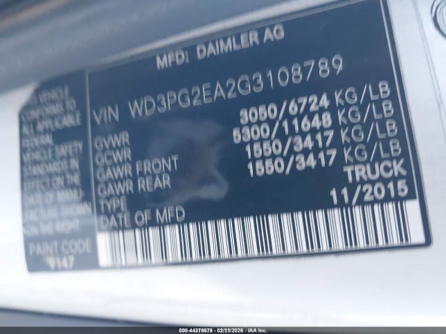 44378978 :رقم المزاد ، WD3PG2EA2G3108789 vin ، 2016 Mercedes-benz Metris مزاد بيع