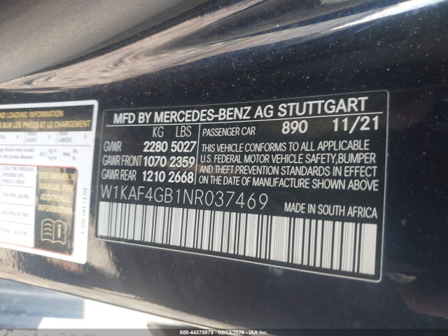 Продаж на аукціоні авто 2022 Mercedes-benz C 300 Sedan, vin: W1KAF4GB1NR037469, номер лоту: 44378979