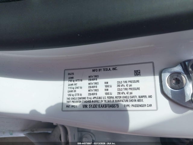 5YJ3E1EAXSF046879 Tesla Model 3 Long Range Rear-wheel Drive/standard Rear-wheel Drive