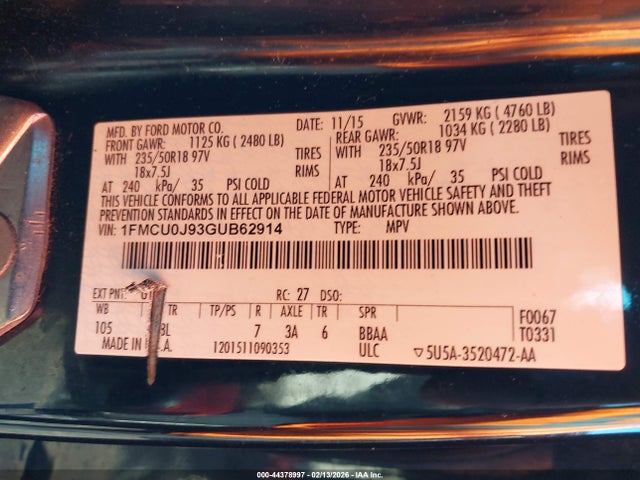 44378997 :رقم المزاد ، 1FMCU0J93GUB62914 vin ، 2016 Ford Escape Titanium مزاد بيع