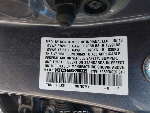 44379035 :رقم المزاد ، 19XFC2F66KE200335 vin ، 2019 Honda Civic Lx مزاد بيع