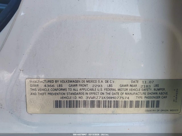 Продаж на аукціоні авто 2008 Volkswagen Jetta Se/sel, vin: 3VWRZ71K98M077574, номер лоту: 44379067