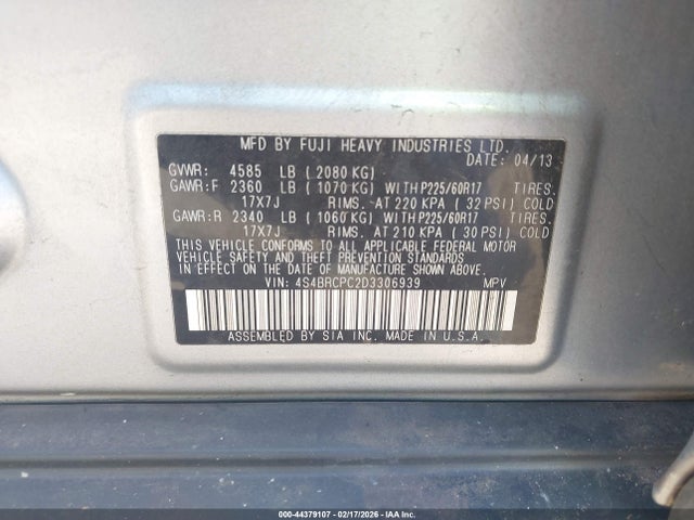 44379107 :رقم المزاد ، 4S4BRCPC2D3306939 vin ، 2013 Subaru Outback 2.5i Limited مزاد بيع