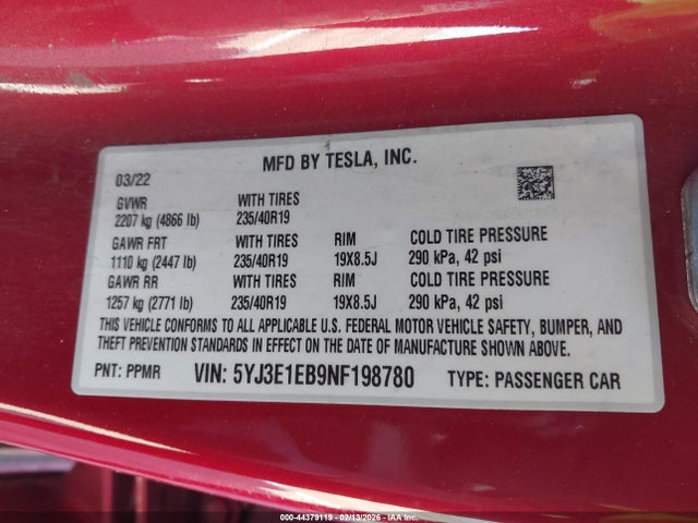 Продаж на аукціоні авто 2022 Tesla Model 3 Long Range Dual Motor All-wheel Drive, vin: 5YJ3E1EB9NF198780, номер лоту: 44379119